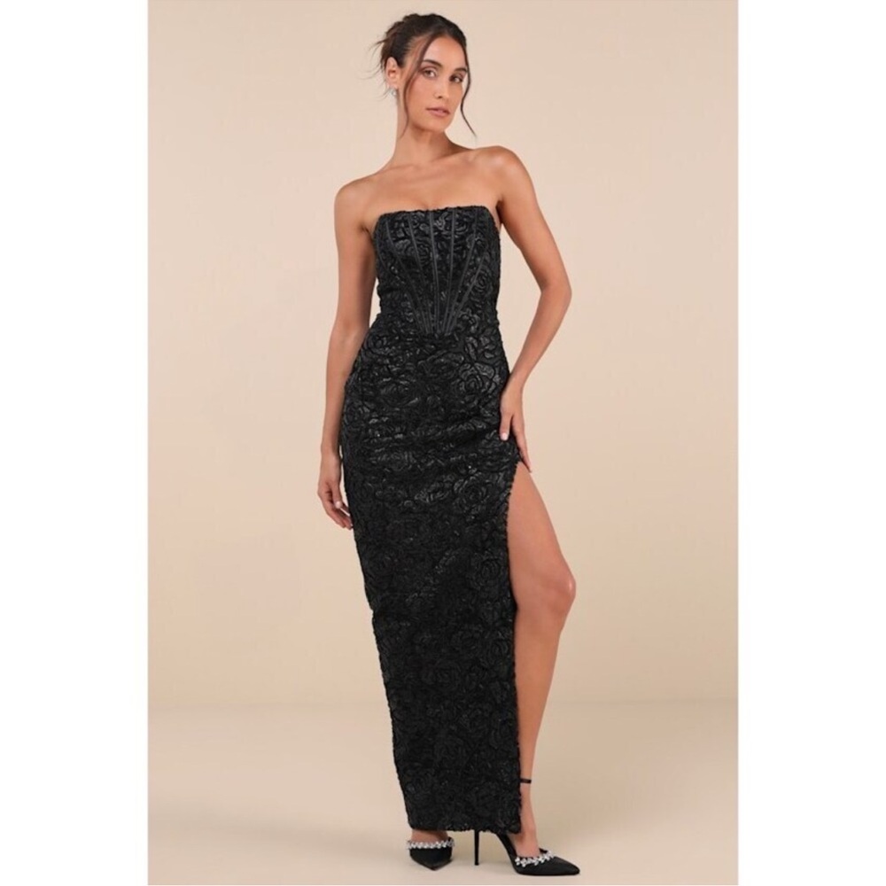 Lulus NWT Stately aura black sequin velvet strapless bustier maxi formal dress